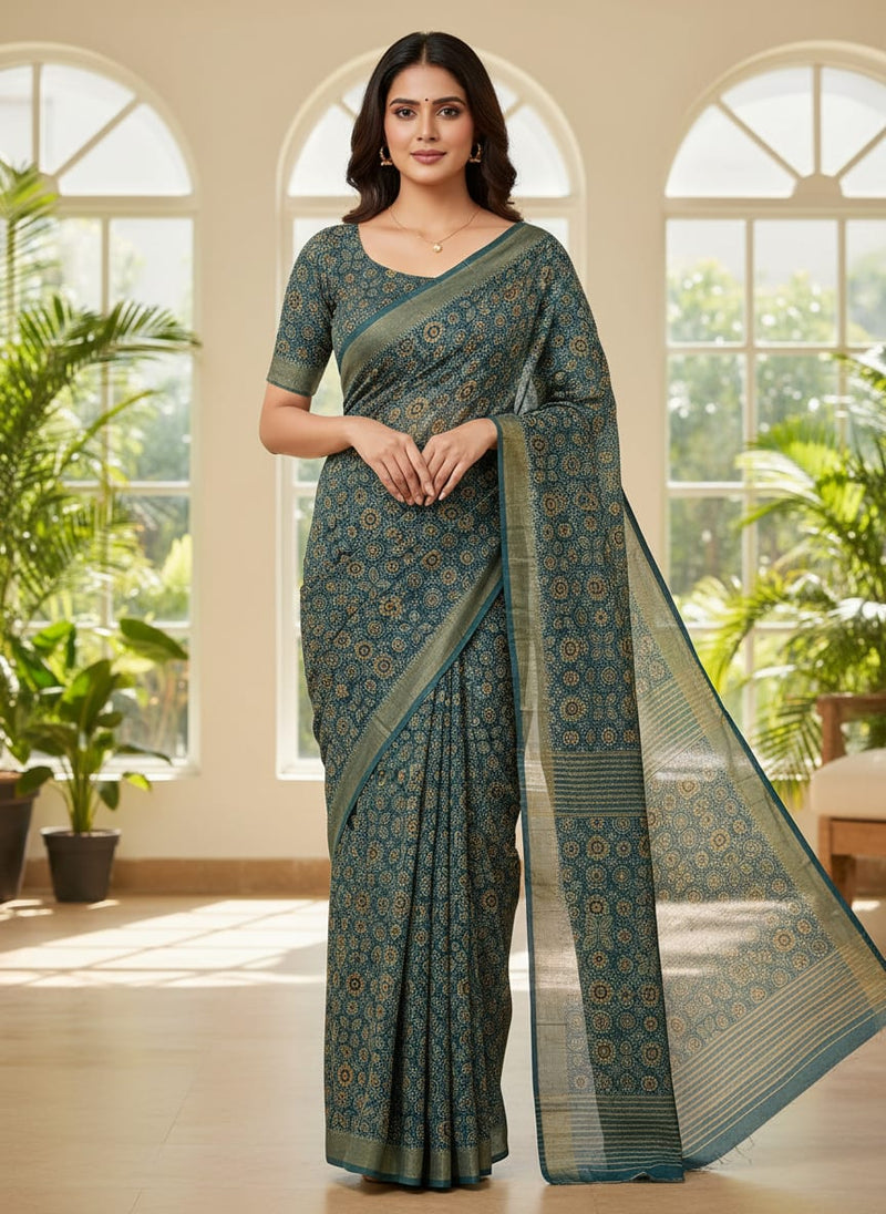 Stylized Medallion Motif Digital Printed Fabric - Kora Silk