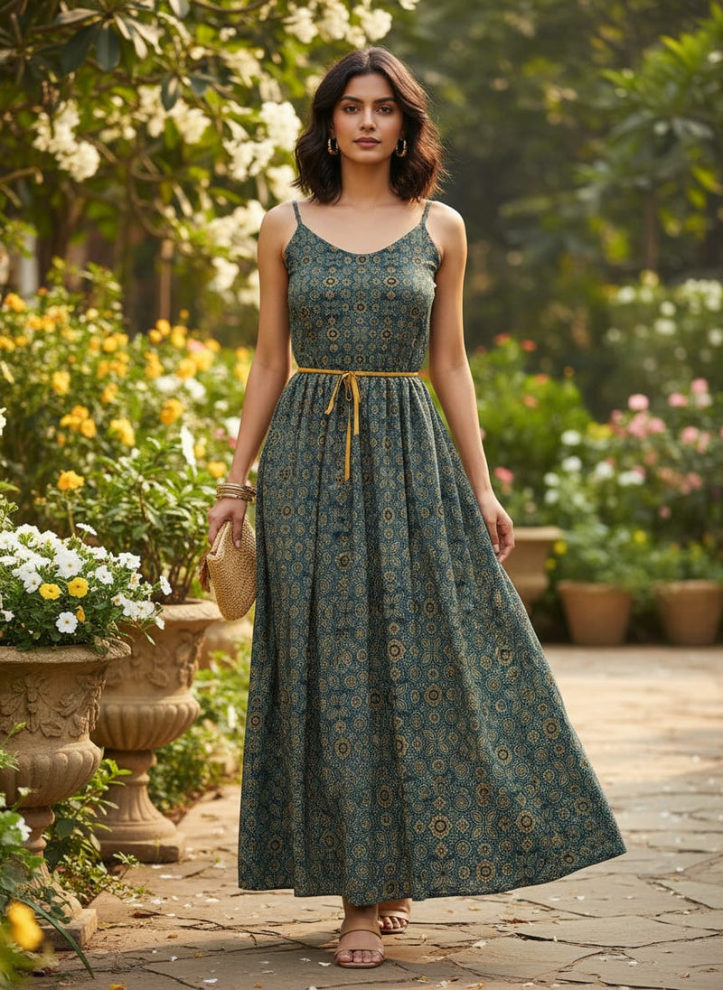 Navy Small Ethnic Motif Print Weightless Digital Printed Fabric