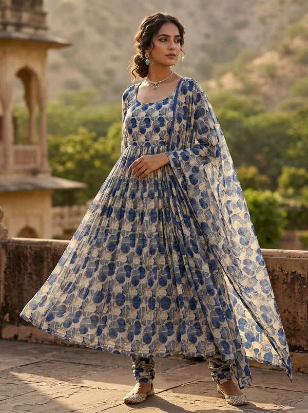 Blue Abstract Botanical Leaf Print Pure Georgette Digital Printed Fabric - Anarkali Kurta Set Lookbook - PG-0-MA01977-110 - alternate view