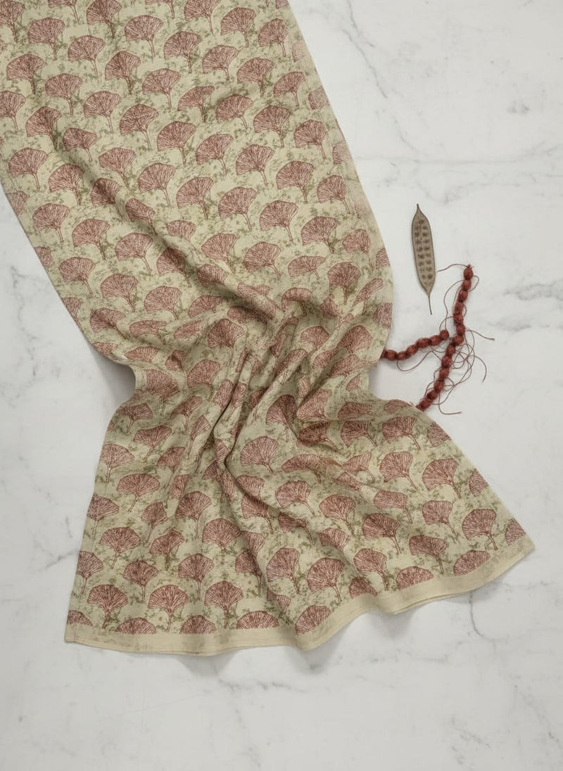Cream Ethnic Ginkgo Leaf Print Upada Silk Digital Printed Fabric