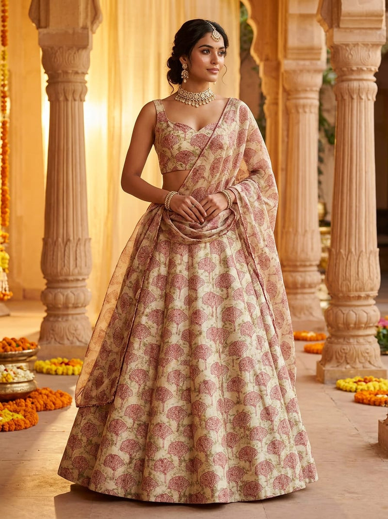 Cream Ethnic Ginkgo Leaf Print Upada Silk Digital Printed Fabric