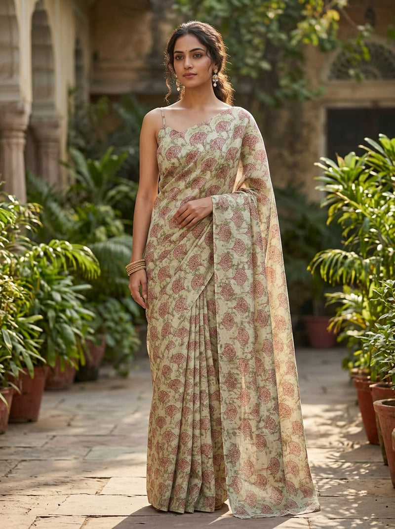 Cream Ethnic Ginkgo Leaf Print Upada Silk Digital Printed Fabric
