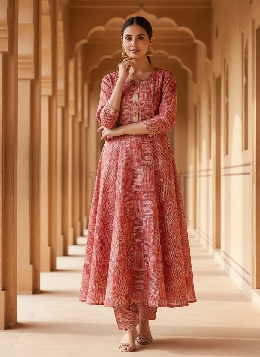 Checkes Textured Red And White Digital Printed Fabric - Tusser Silk