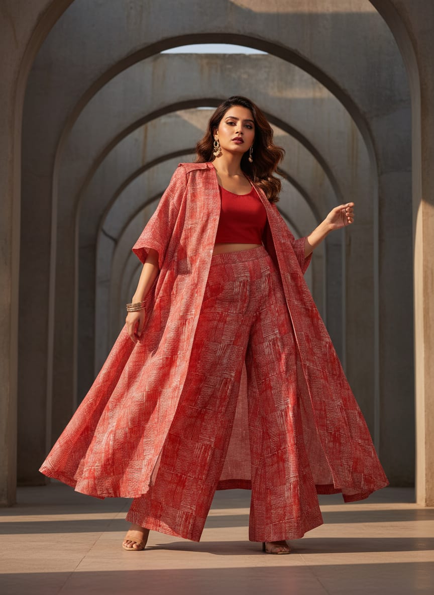 Checkes Textured Red And White Digital Printed Fabric - Tusser Silk