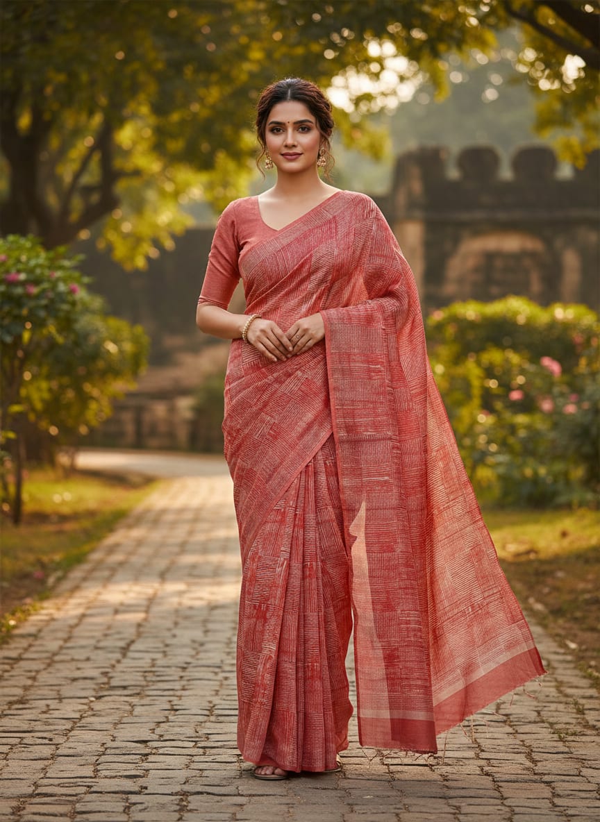 Checkes Textured Red And White Digital Printed Fabric - Tusser Silk