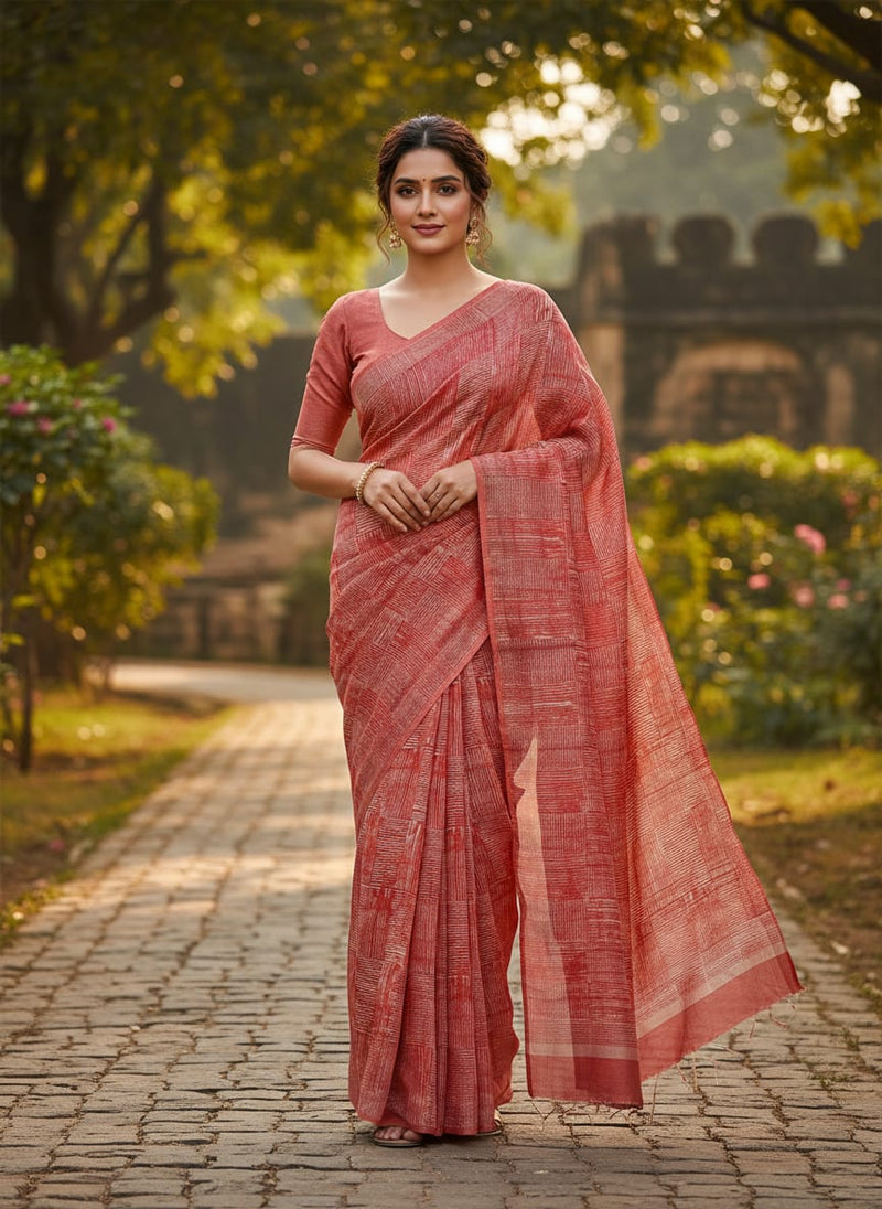 Checkes Textured Red And White Digital Printed Fabric - Tusser Silk