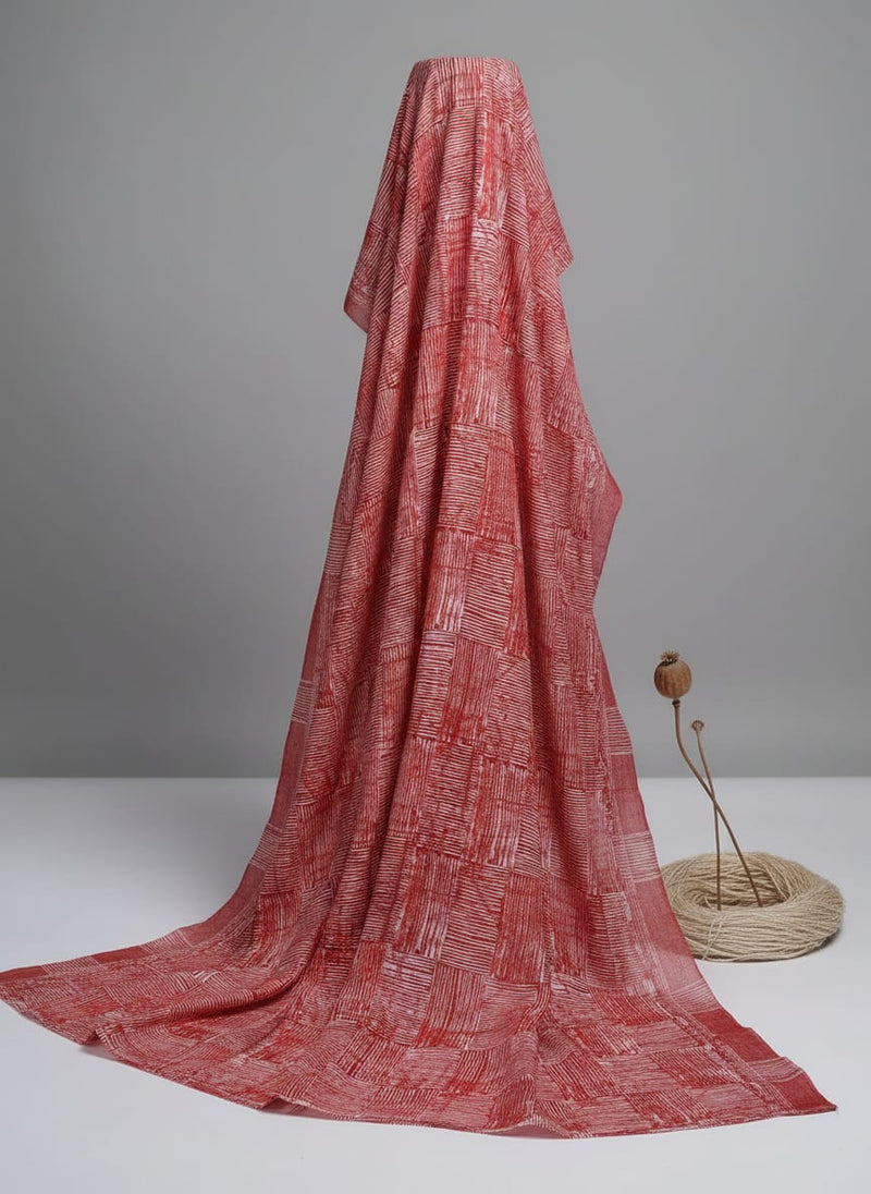 Checkes Textured Red And White Digital Printed Fabric - Muslin