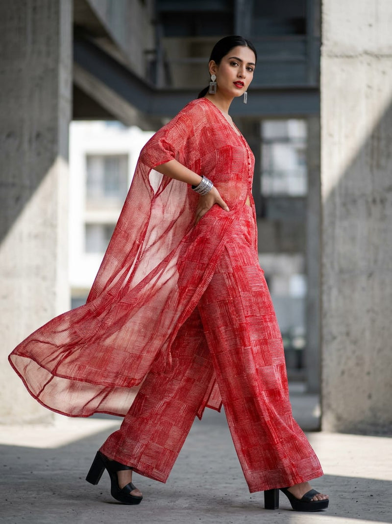Red Textured Geometric Blocks Pure Georgette Digital Printed Fabric