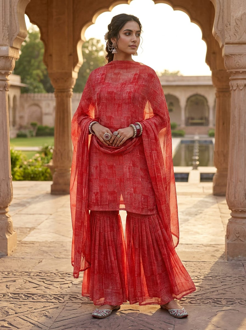 Red Textured Geometric Blocks Pure Georgette Digital Printed Fabric