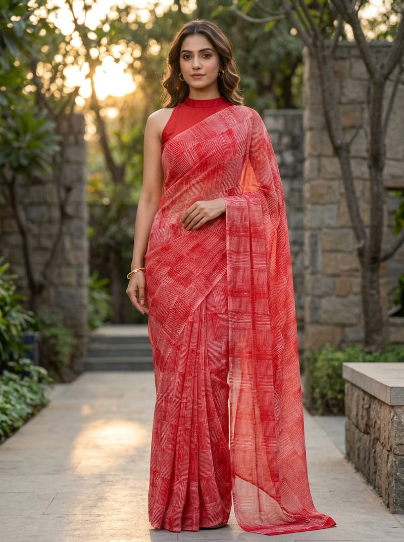 Red Textured Geometric Blocks Pure Georgette Digital Printed Fabric