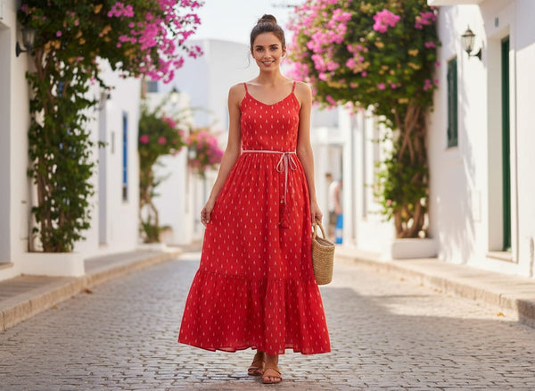 Red Polka Motif Digital Printed Fabric - Kora Silk - alternate view