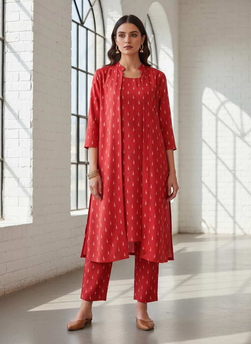 Red Polka Motif Digital Printed Fabric - Kora Silk