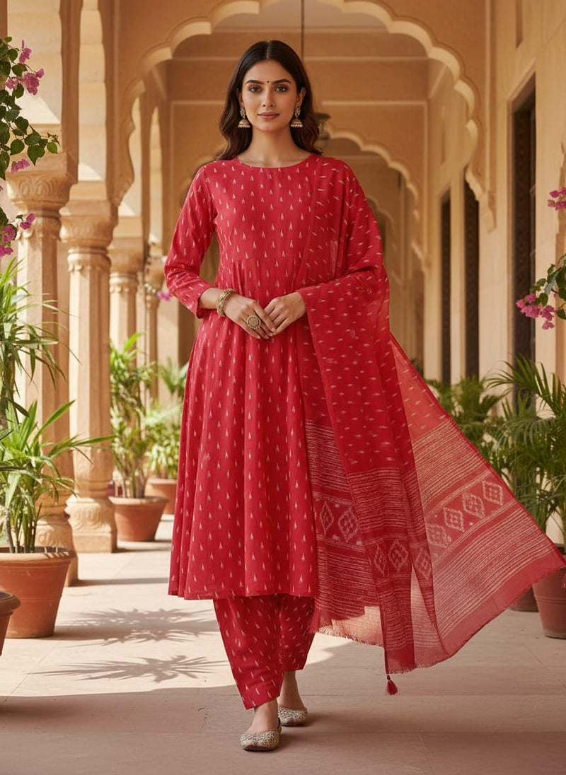 Red Ethnic Ikat Pattern Kora Silk Digital Printed Fabric