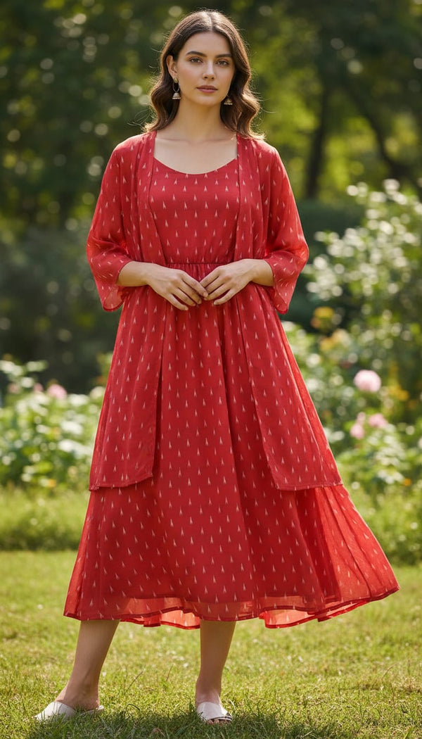 Red Polka Motif Digital Printed Fabric - Pure Georgette - alternate view