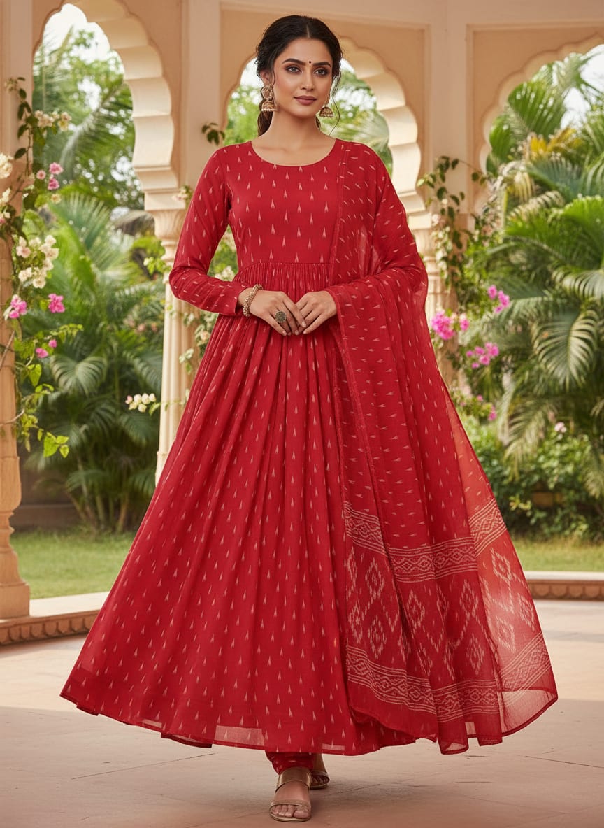 Red Polka Motif Digital Printed Fabric - Pure Georgette