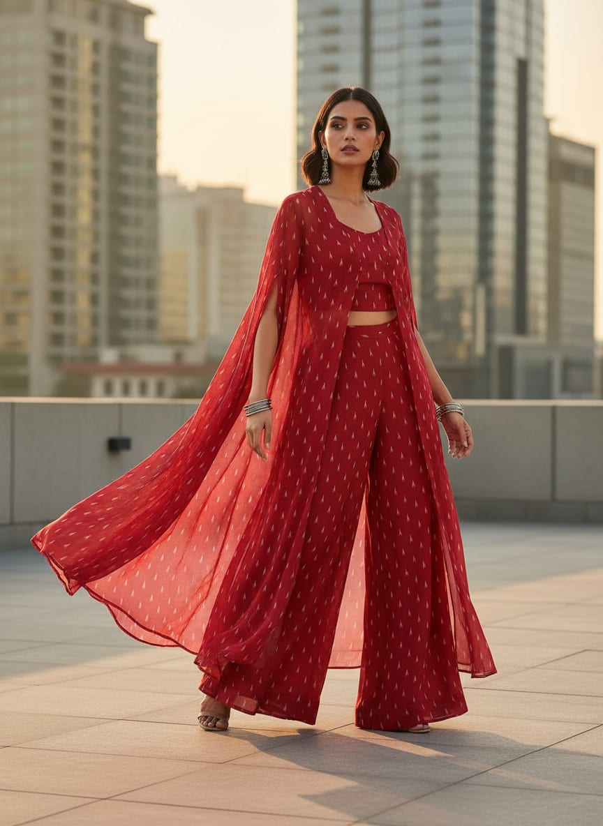 Red Polka Motif Digital Printed Fabric - Pure Georgette