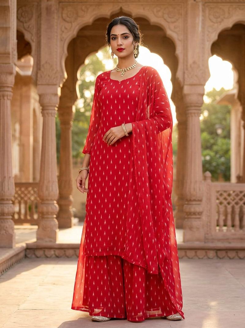 Red Ethnic Ikat Style Print Pure Georgette Digital Printed Fabric
