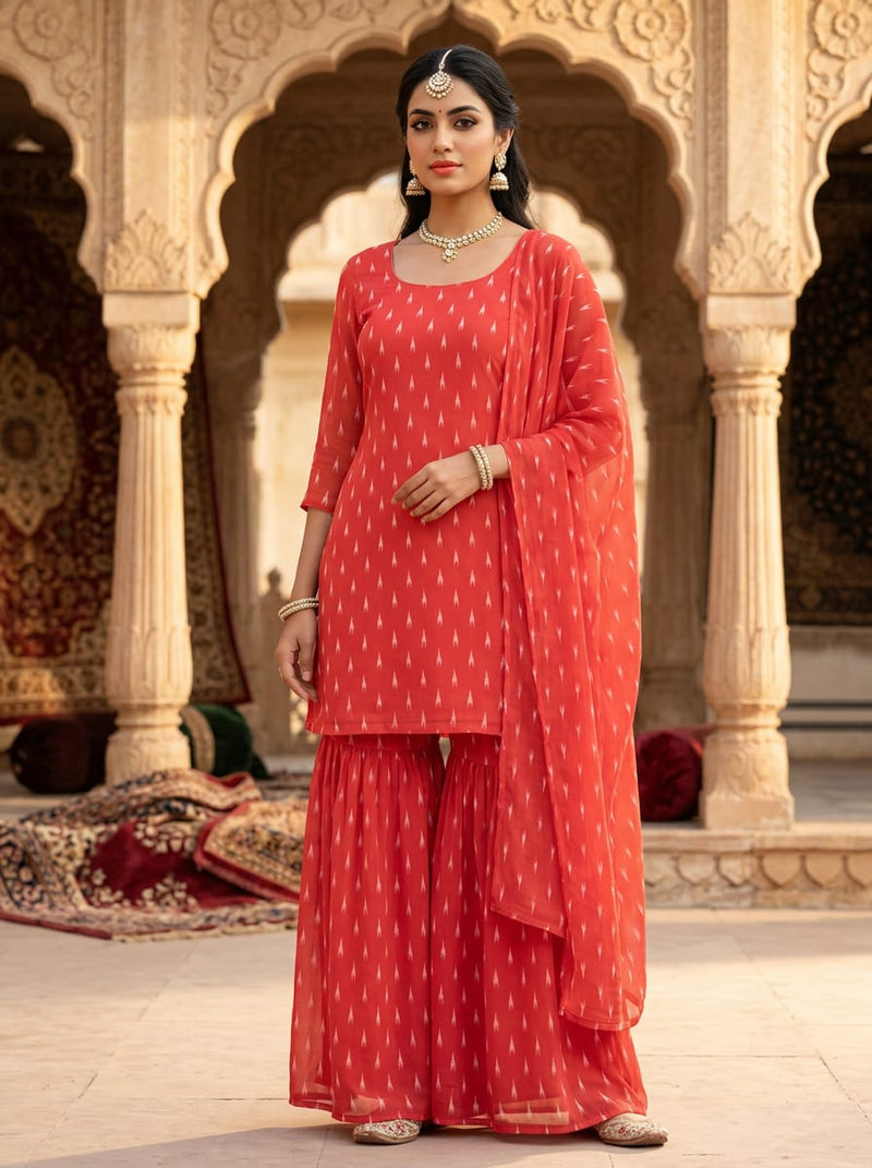 Red Ethnic Ikat Style Print Pure Georgette Digital Printed Fabric