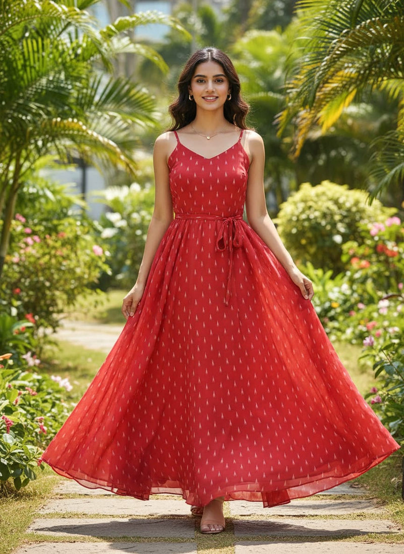 Red Polka Motif Digital Printed Fabric - Pure Georgette