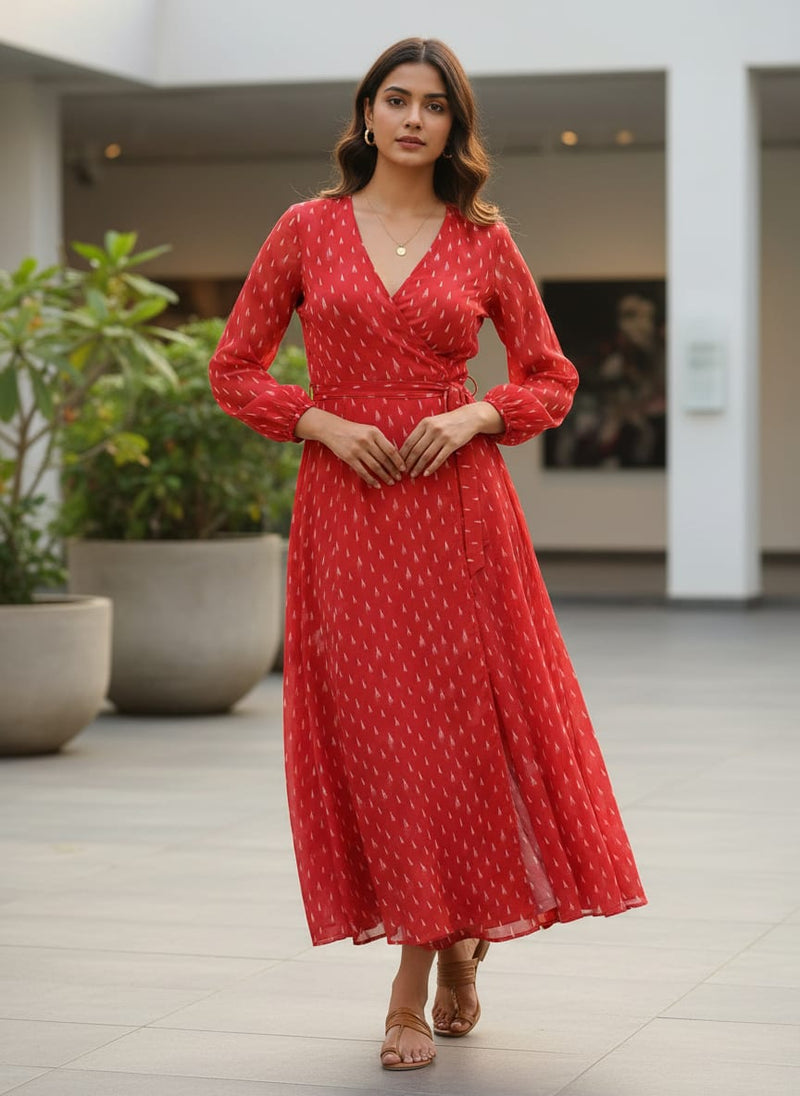 Red Polka Motif Digital Printed Fabric - Pure Georgette