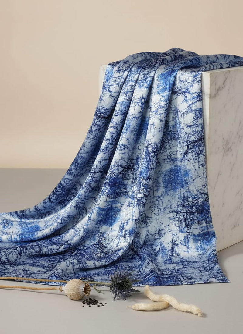 Blue Artistic Abstract Digital Printed Fabric - Japan Satin