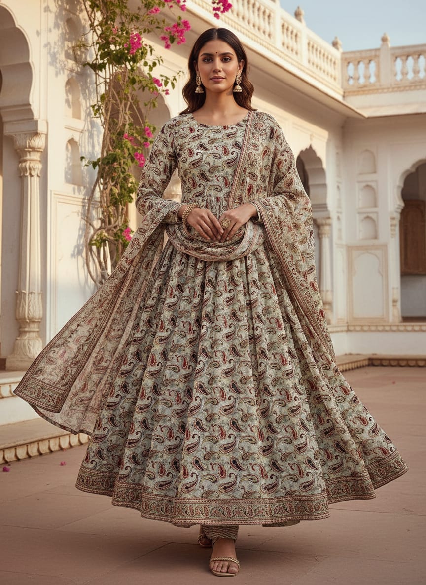 Cream Ethnic Paisley Print Silk Crepe Digital Printed Fabric