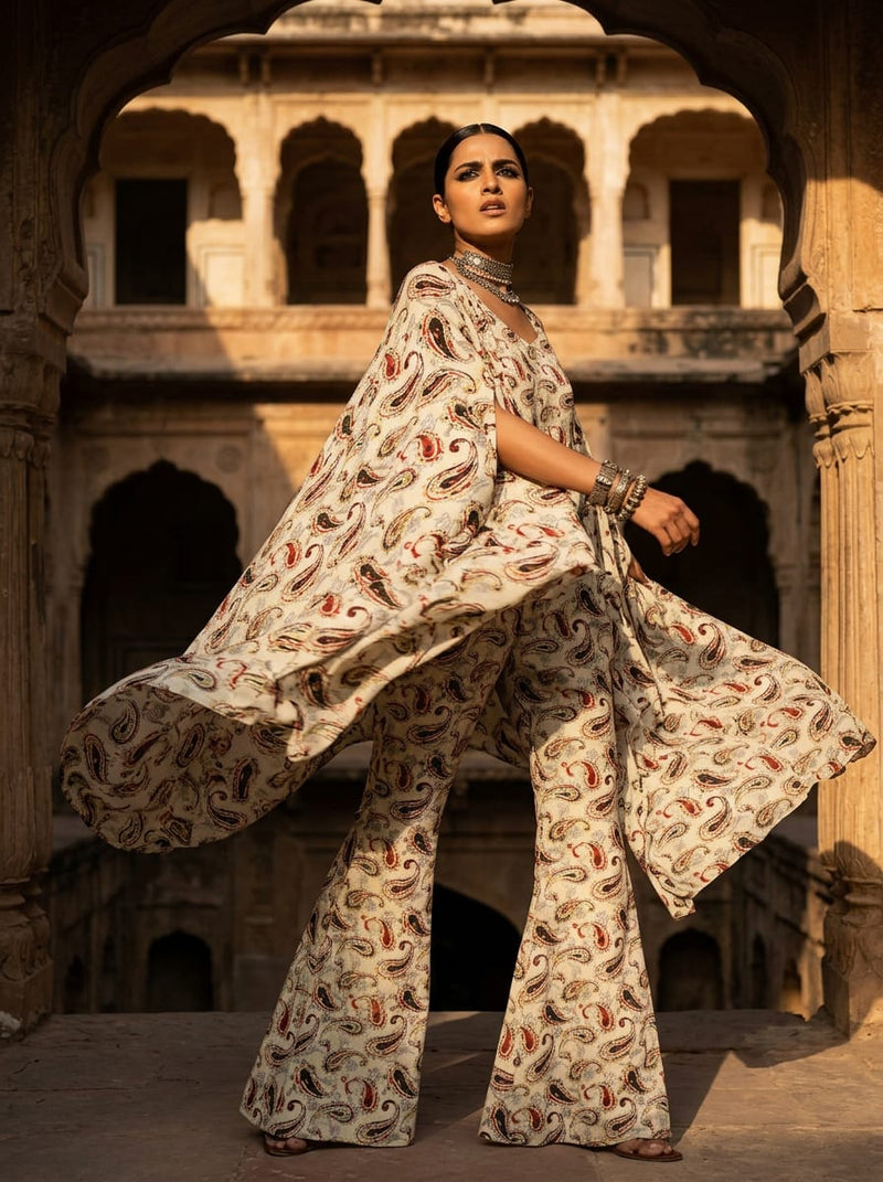Cream Ethnic Paisley Print Silk Crepe Digital Printed Fabric