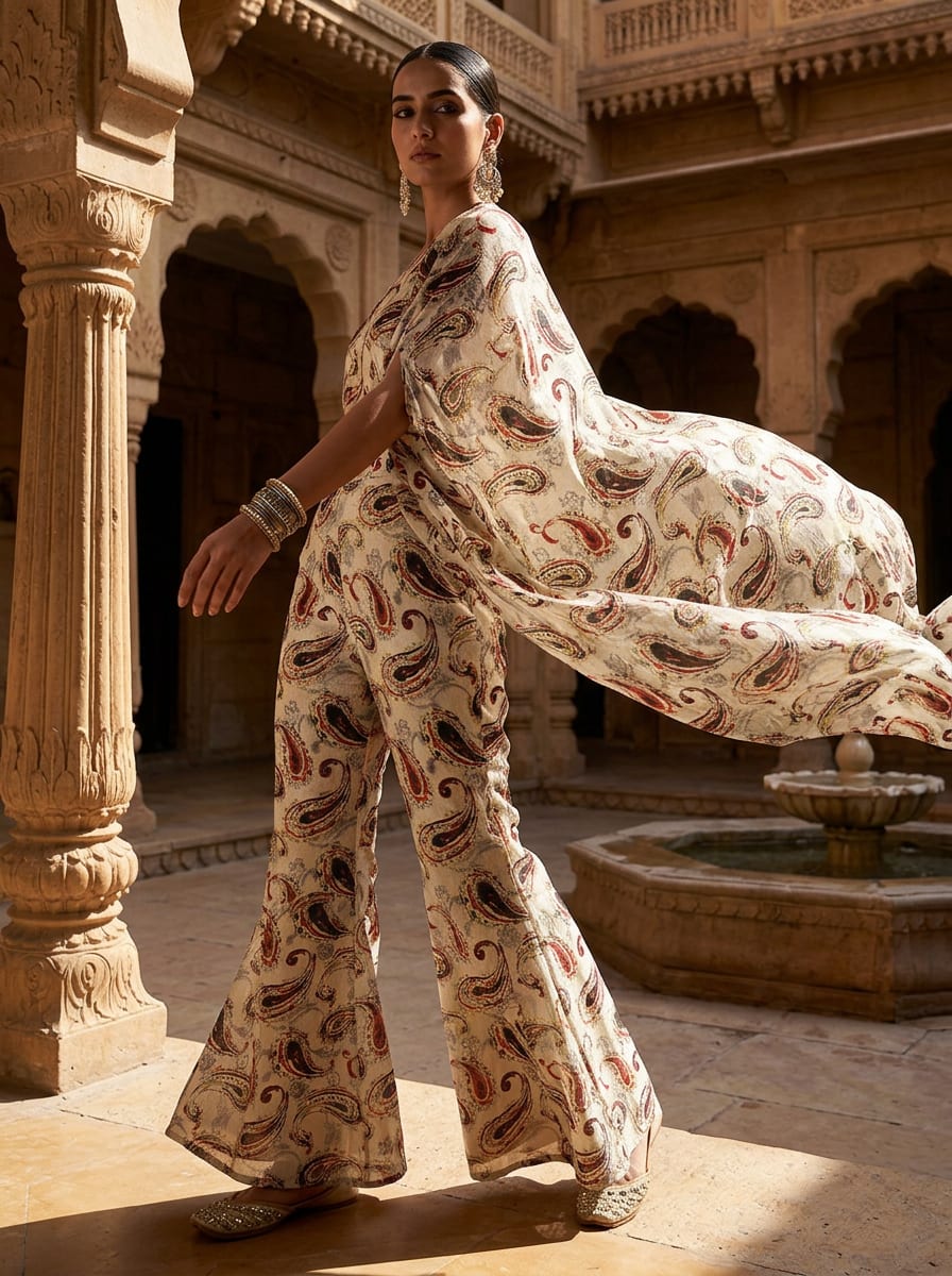 Cream Ethnic Paisley Upada Silk Digital Printed Fabric
