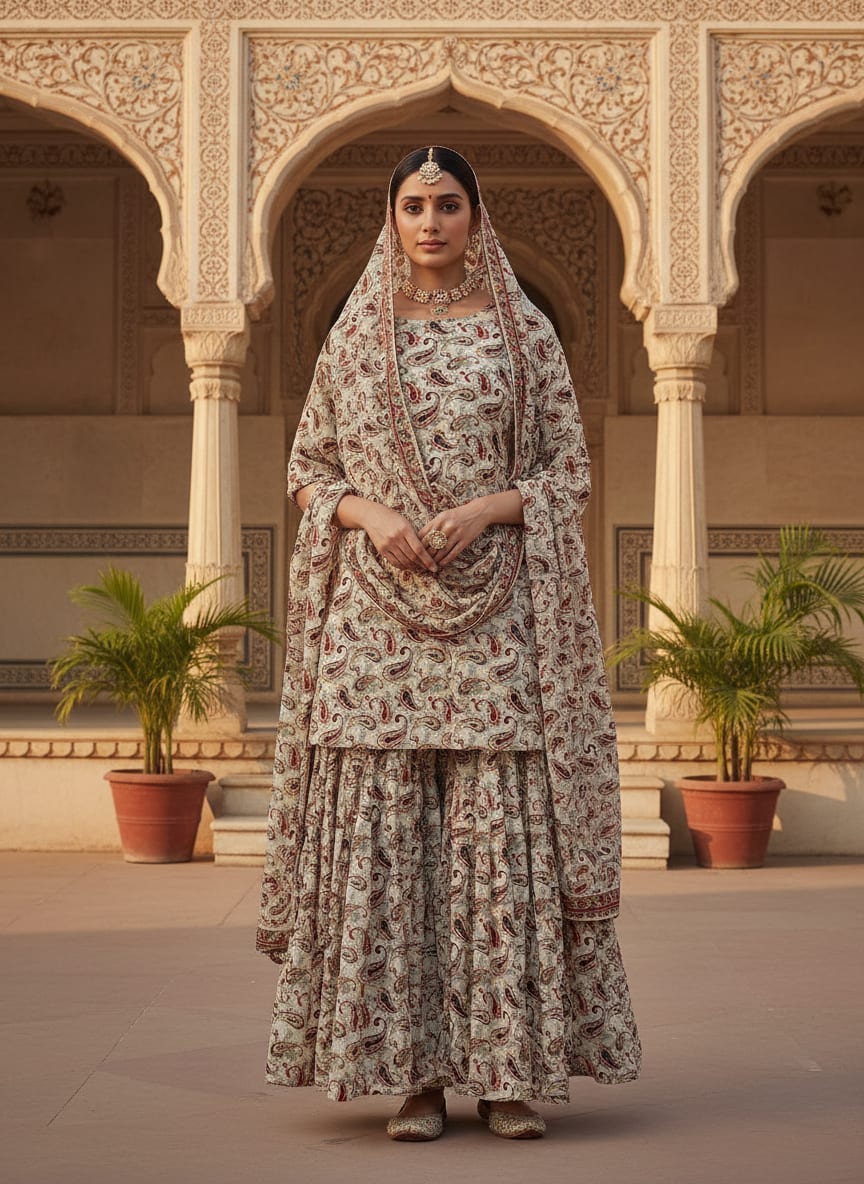 Cream Classic Ethnic Paisley Pure Georgette Digital Printed Fabric