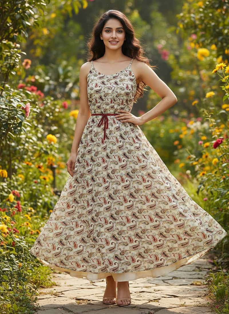 Cream Classic Ethnic Paisley Pure Georgette Digital Printed Fabric
