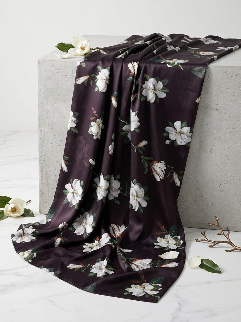 Brown White Magnolia Floral Japan Satin Digital Printed Fabric