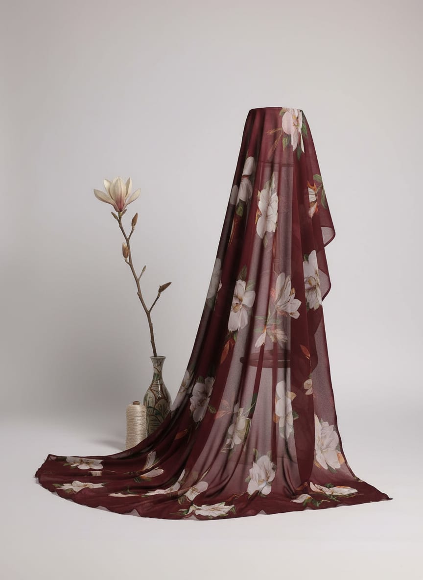Maroon White Magnolia Floral Weightless Digital Printed Fabric