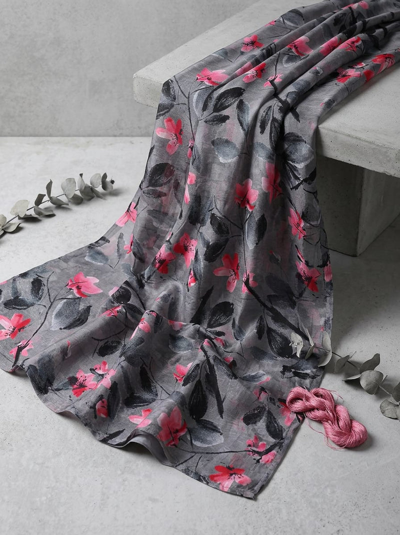 Grey Painterly Cherry Blossom Floral Kora Silk Digital Printed Fabric
