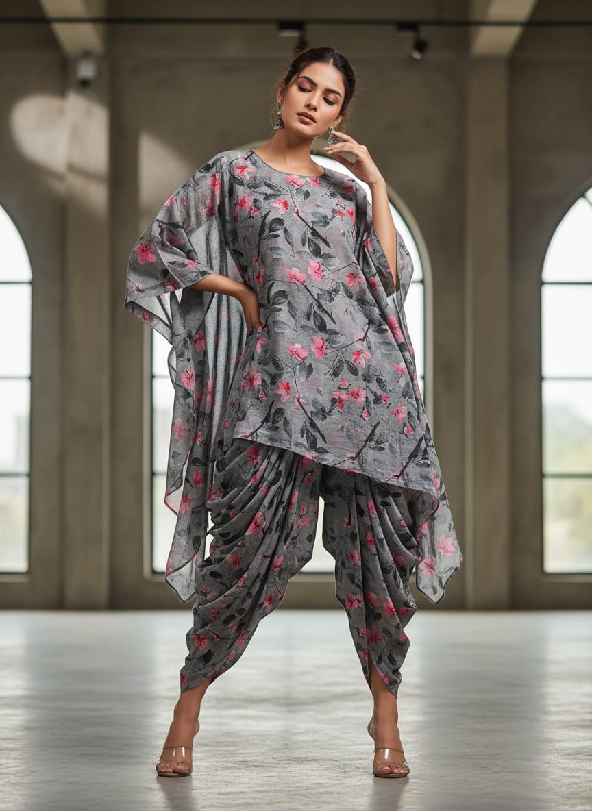 Grey Watercolour Floral Blossom Pure Cotton Digital Printed Fabric