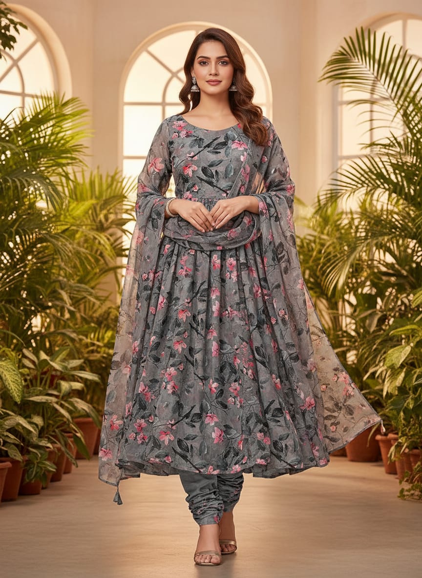 Rustic Looked Pink Flower Digital Printed Fabric - Upada Silk