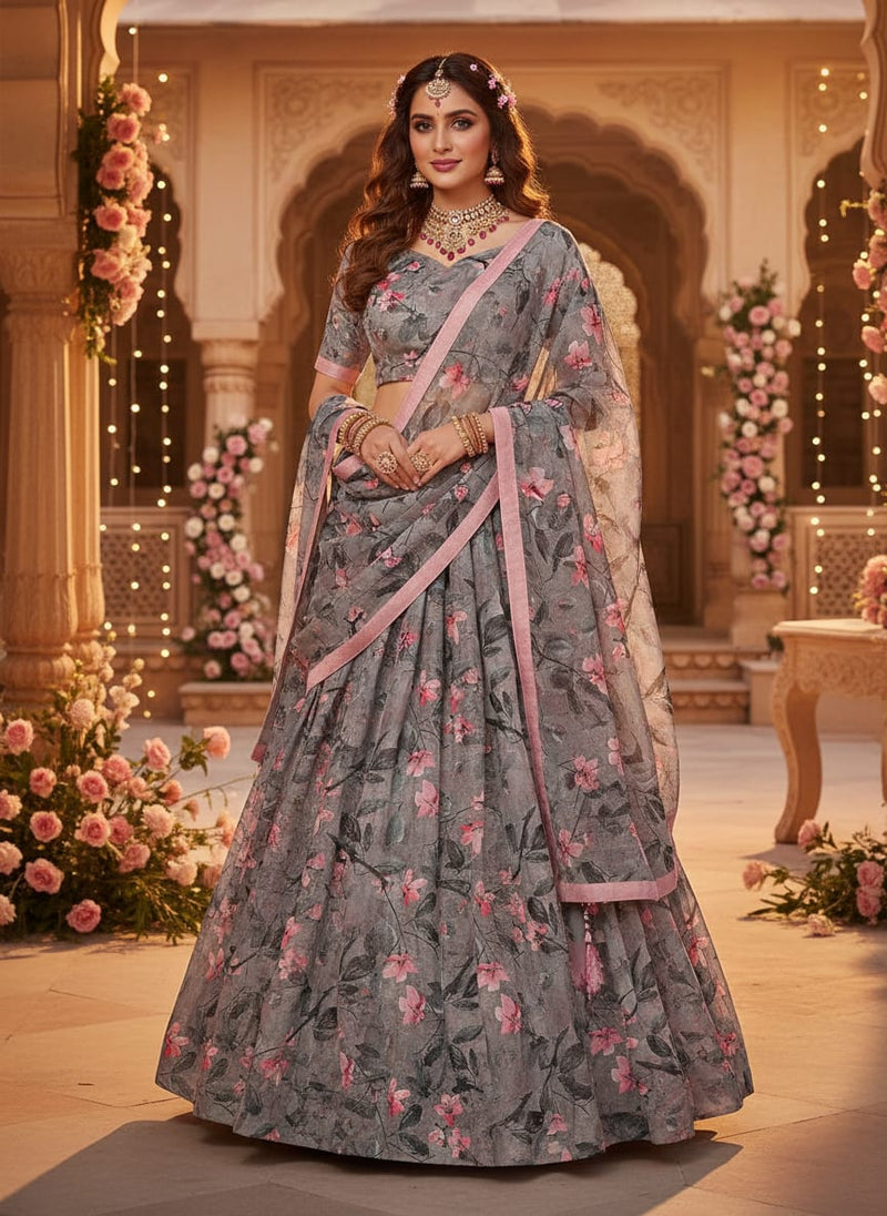 Rustic Looked Pink Flower Digital Printed Fabric - Upada Silk