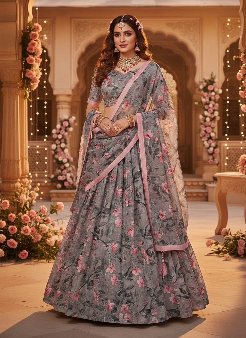 Rustic Looked Pink Flower Digital Printed Fabric - Upada Silk