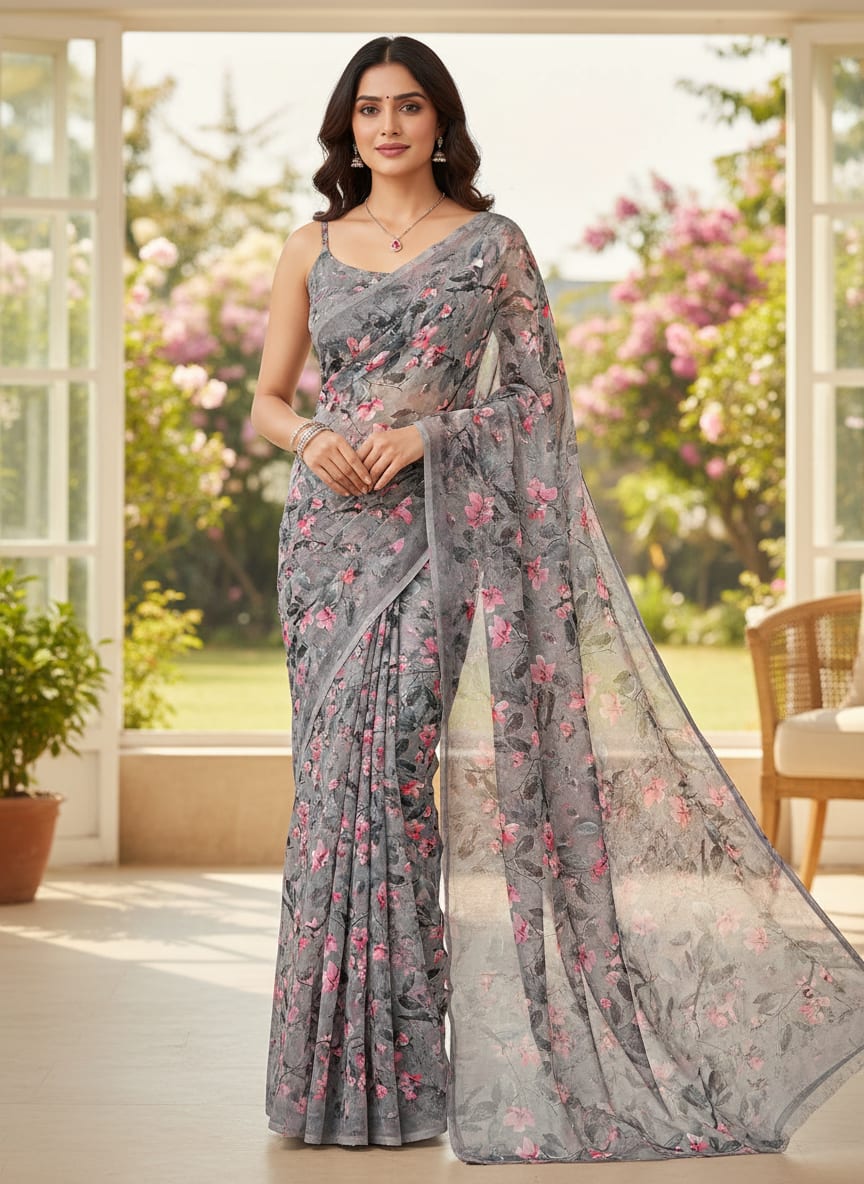 Grey Watercolour Blossom Floral Upada Silk Digital Printed Fabric