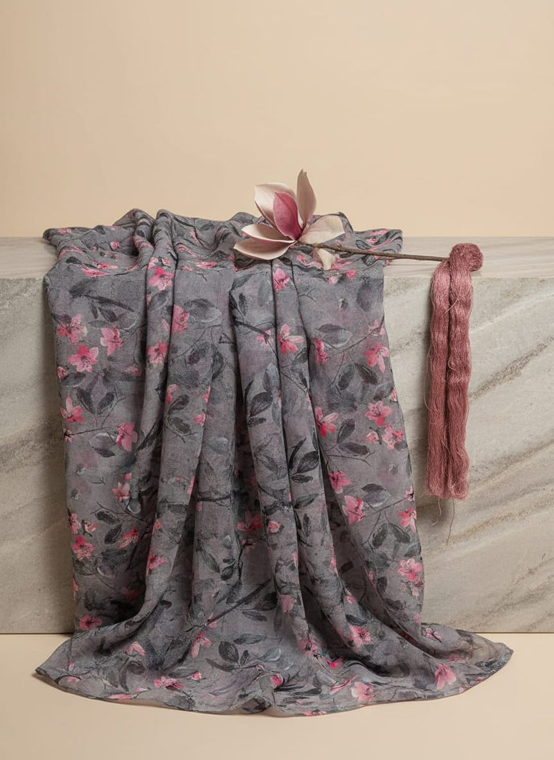 Rustic Looked Pink Flower Digital Printed Fabric - Upada Silk