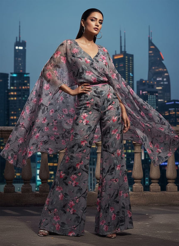 Rustic Looked Pink Flower Digital Printed Fabric - Upada Silk - Draped Cape with Flared Pants Lookbook - US-0-TA05430-110 - alternate view