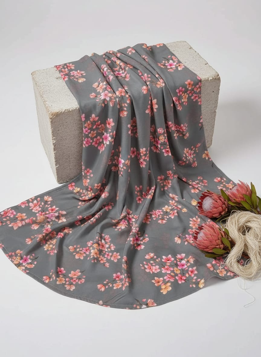 Grey Dainty Cherry Blossom Floral Japan Satin Digital Printed Fabric