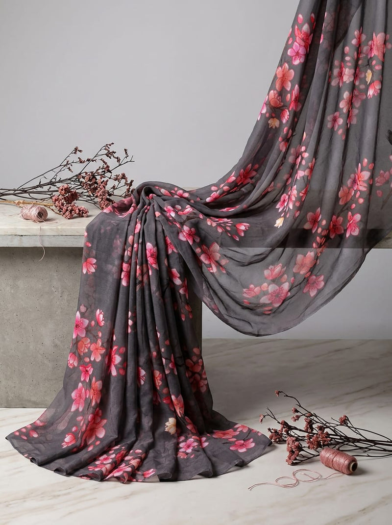Grey Pink Sakura Blossom Floral Pure Georgette Digital Printed Fabric