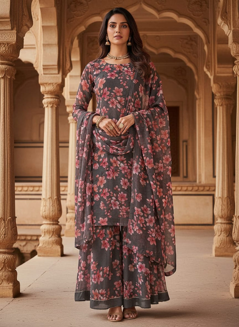 Pinkish Flower Bunch Repeat Digital Printed Fabric - Pure Georgette