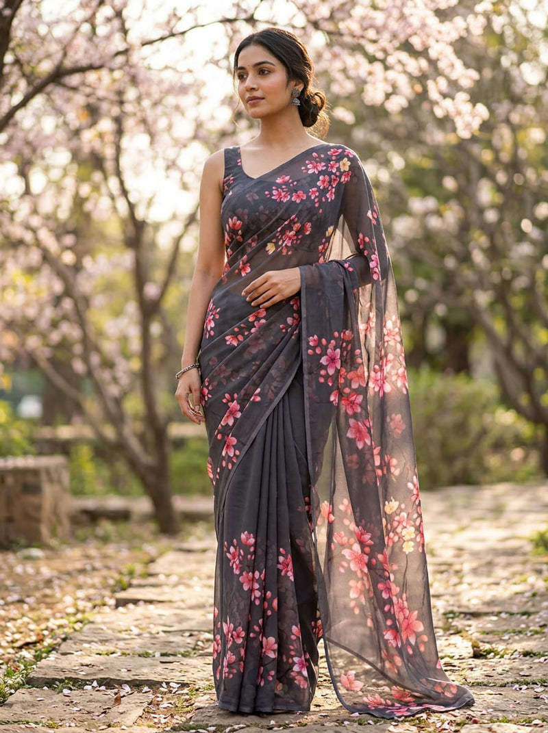 Grey Pink Sakura Blossom Floral Pure Georgette Digital Printed Fabric