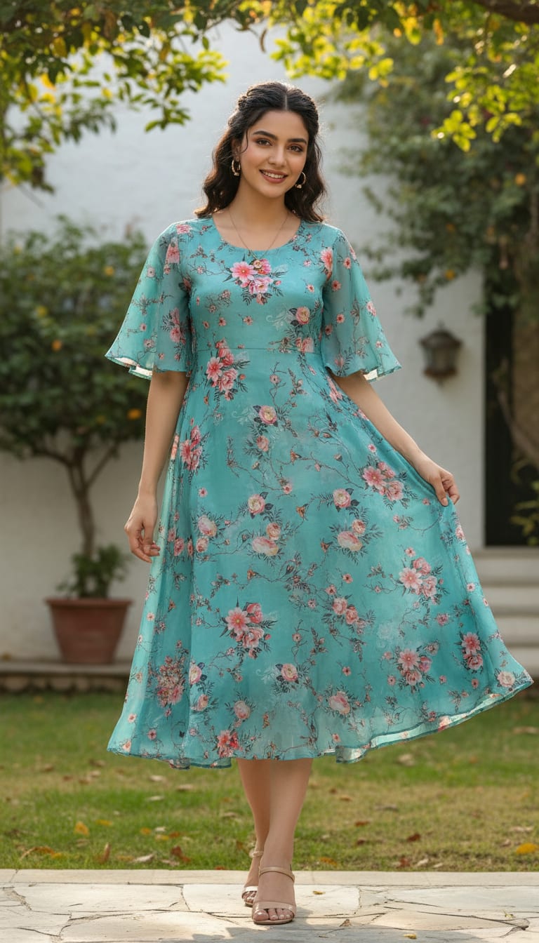 Teal Romantic Rose Bouquets Kora Silk Digital Printed Fabric
