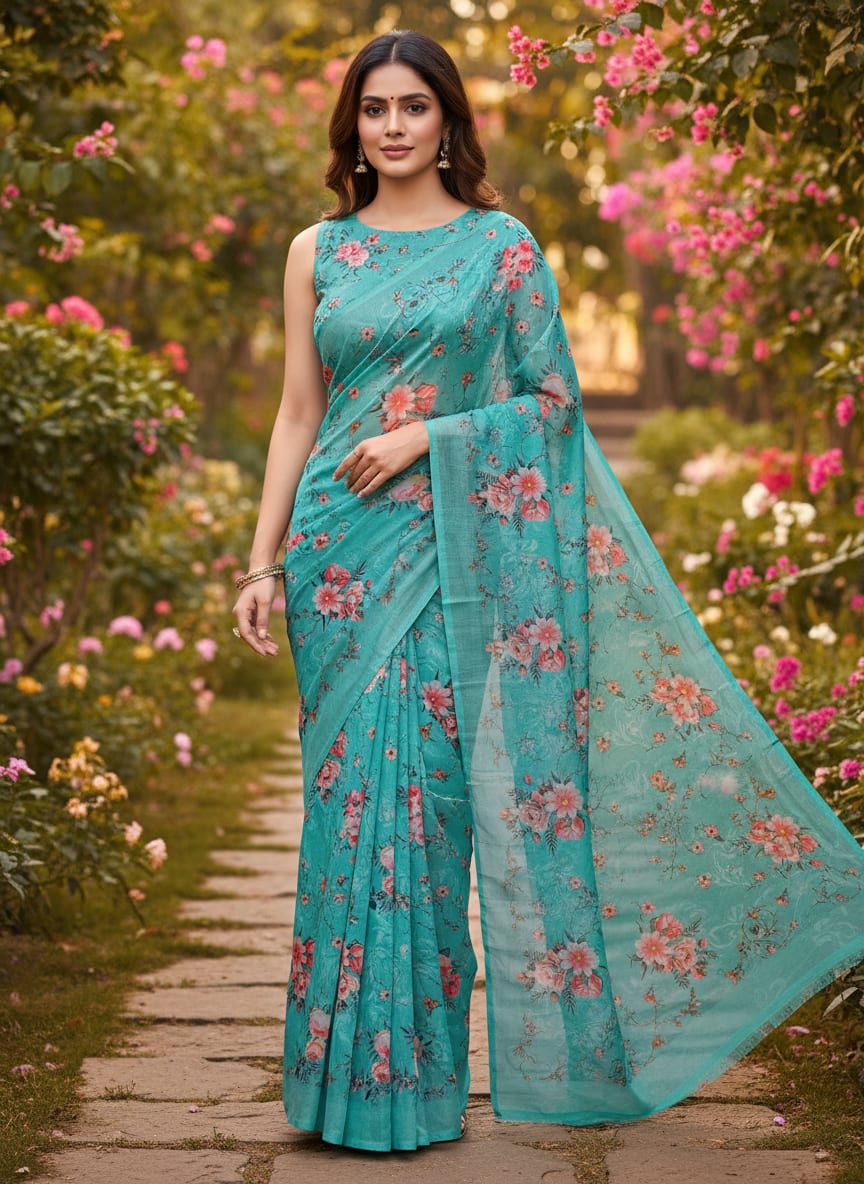 Teal Romantic Rose Bouquets Kora Silk Digital Printed Fabric
