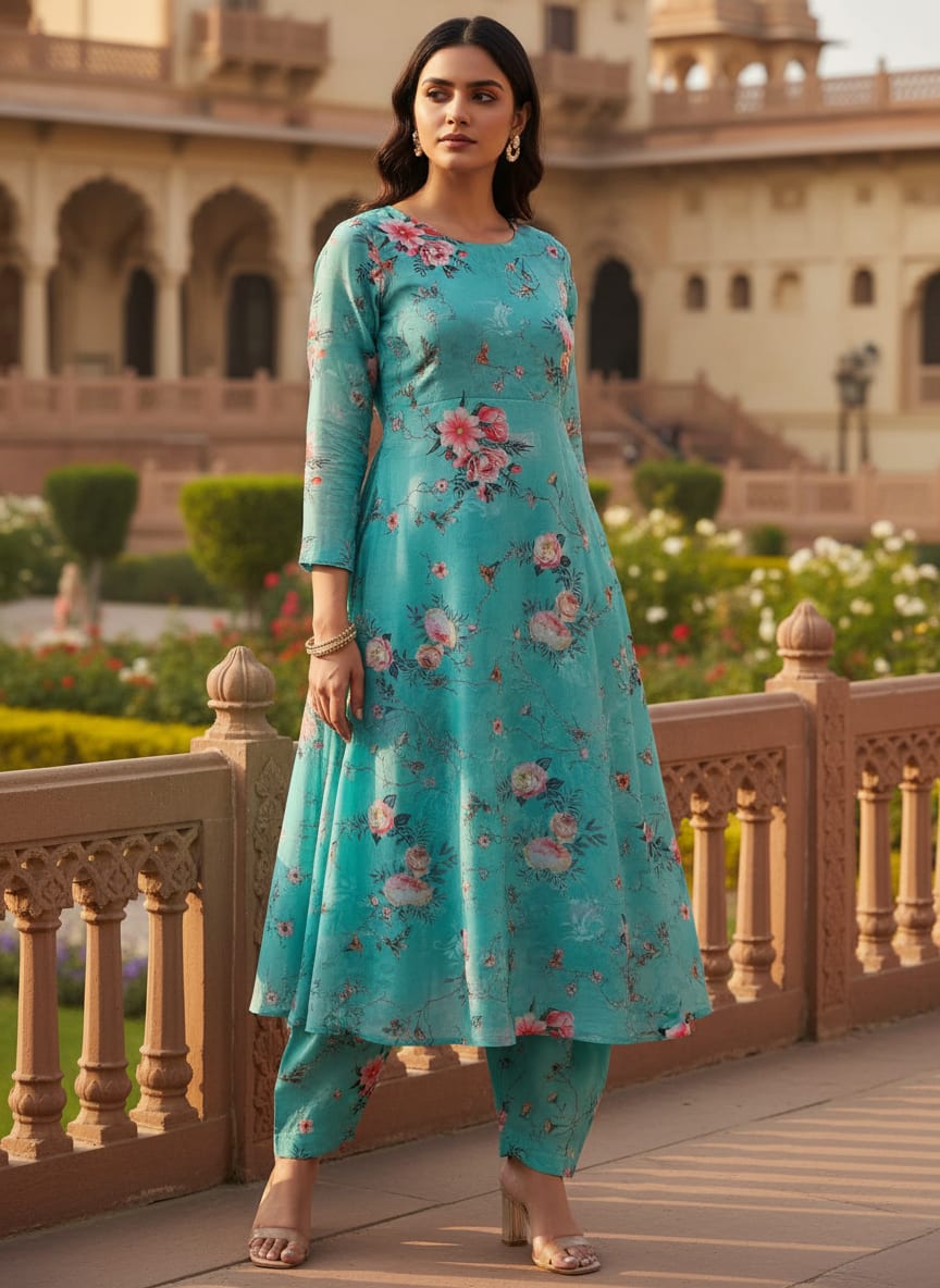 Teal Romantic Rose Bouquets Kora Silk Digital Printed Fabric