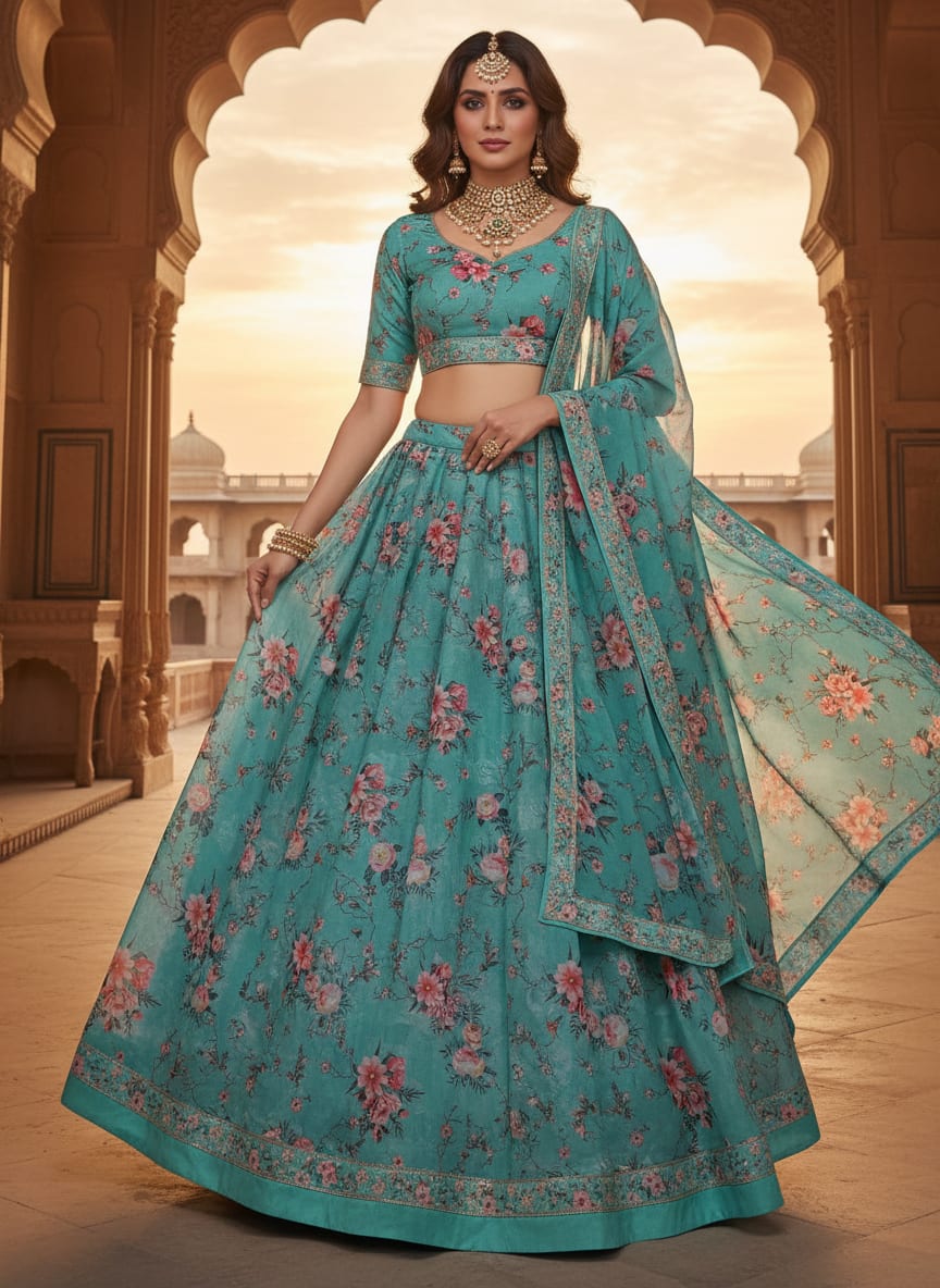 Flower Branch Allover Digital Printed Fabric - Kora Silk