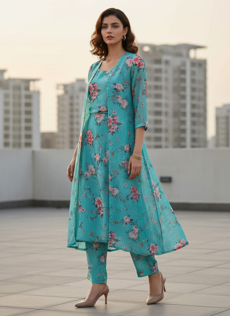 Teal Romantic Rose Bouquets Kora Silk Digital Printed Fabric