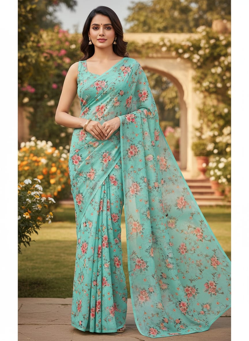 Teal Soft English Rose Floral Silk Crepe Digital Printed Fabric